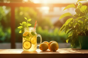Refreshing lemonade in glass jar with lemon slices, mint, and citrus aroma on summer background
