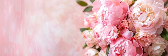 Wedding Flower Arrangement. Beautiful Bouquet of Artificial Pink Peonies and Roses with Copy Space