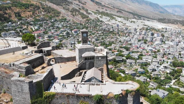 Drone View of Medieval Gjirokastra Castle and town in Albania