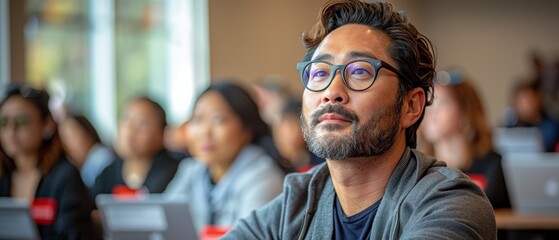 Obraz premium Young Asian American adults at a tech workshop in AAPI Heritage Month, modern setting with high-tech gadgets, laptops, and wall space