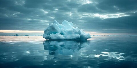 Ice block floating peacefully in a serene ocean under cloudy sky. Concept Nature, Ice Sculpture, Ocean, Clouds, Serenity