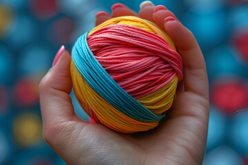 Woman's Hand with Colorful Rubber Bands Ball,
A rainbow knotted bundle of thread and twine is positioned on a blank canvas A multitude of colored yarn and string is arranged atop a pristine surface
