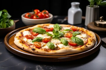 Delicious mini pizza with fresh tomatoes, fragrant basil, and gooey mozzarella on bright background