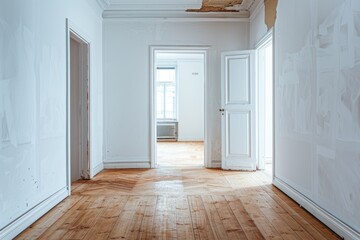Painted Rooms. Empty Room with Laminate Flooring and Newly Painted White Wall, Refurbished Apartment with Corridor