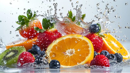 water splashing onto oranges, strawberries ,kiwi, blueburry