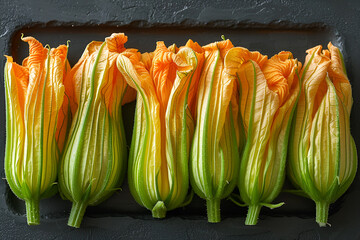yellow and red peppers ,
Zucchini Flowers in Varying Degrees of Disclo
