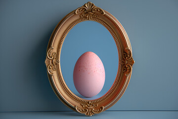 Gender identity problem concept the egg is blue,
Enchanted Easter Reflection Pastel Eggs Beside an Antique Mirror on a DualToned Background