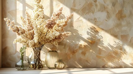   A pair of vases rest atop a table, adjacent to a wall, containing a verdant plant within