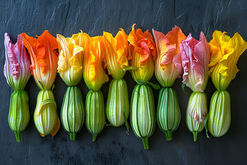 Zucchini Flowers in Varying Degrees of Disclo,
Zucchini with flowers on wooden background top view with copy space

