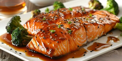 Sesame Ginger Glazed Salmon with Steamed Broccoli: An Asian-Inspired Dish. Concept Asian-Inspired Cuisine, Salmon Recipe, Healthy Eating, Cooking at Home