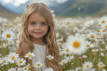 Portrait of pretty child girl in field of chamomile flowers.