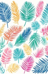 Watercolor painting of multi-coloured fern leaves, palm leaves on a white background. Watercolor hand-painted Tropical Exotic Leaves for Vintage Hawaiian Style Wallpaper