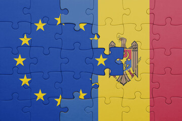 puzzle with the colourful national flag of moldova and flag of european union.