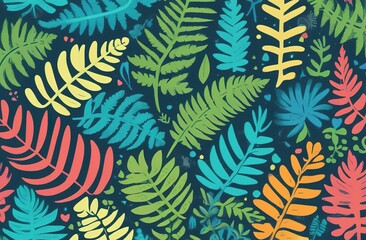 Watercolor painting of multi-coloured fern leaves, palm leaves on a white background. Watercolor hand-painted Tropical Exotic Leaves for Vintage Hawaiian Style Wallpaper