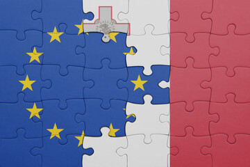 puzzle with the colourful national flag of malta and flag of european union.