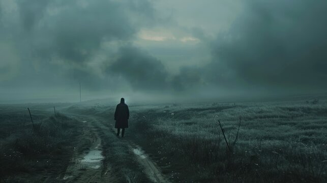 Lonely lost man stands on the road in the middle of nowhere, rear view. Stalker, depression and solitude concept