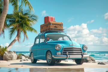 old car with luggage ready for summer holidays 3D Rendering sunny bich