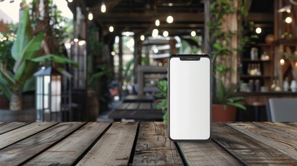 mobile mockup blank smartphone screen on rustic wooden cafe table