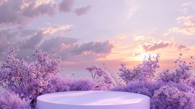 3D model of an empty minimalist podium with lavender flowers, product display stand mock-up for a cosmetics presentation