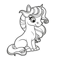 Cute cartoon little unicorn outline for coloring on a white background