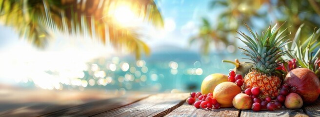 Assorted tropical fruits on wooden table with ocean background. Summer vacation and travel concept....