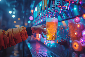 Hand of bartender pouring a large lager beer,
Bartender pours draft beer from tap into a glass in pub setting Concept Draft Beer Bartender Pub Setting Pouring Glassware

