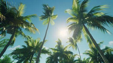 A beautiful tropical scene with palm trees and a bright blue sky