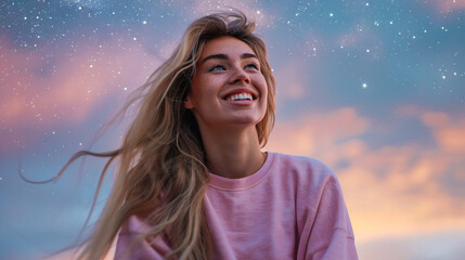 Happy girl with blonde hair in a pink sweater at night in front of the starry sky with the moon