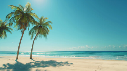 Fototapeta premium A beach with palm trees and a clear blue sky