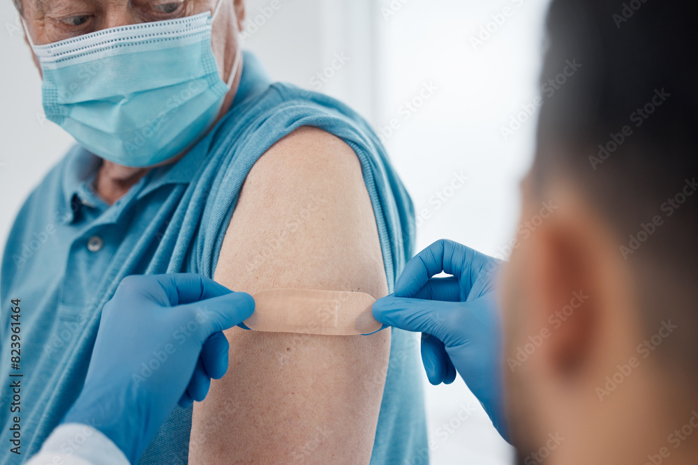 Poster Elderly patient, doctor and plaster on arm or shoulder for virus, treatment and medical protection in clinic. Nurse, male person and mask on in hospital for vaccine, healthcare and consulting