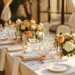 Fototapeta premium Set table for a white and light orange wedding dinner decorated, deep focus on all objectsChatGPT ChatGPT Set table, white, light orange, wedding dinner, decorated, deep focus