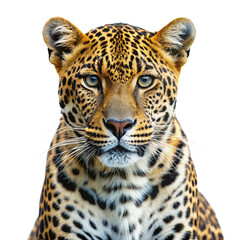 Obraz premium The image features a leopard with a transparent background. The leopard has yellow eyes and a black nose. It has a spotted coat with black, brown, and white spots. 