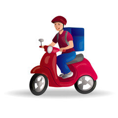 Food delivery service. A man on a scooter with a large bag on his back.