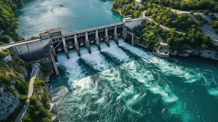 Aerial view of a large dam releasing water into a calm river