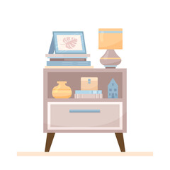 Flat nightstand concept with lamp and decorative picture. Interior items of cozy modern midcentury design with books and vase on bedside table. Vector cartoon illustration with home decor elements
