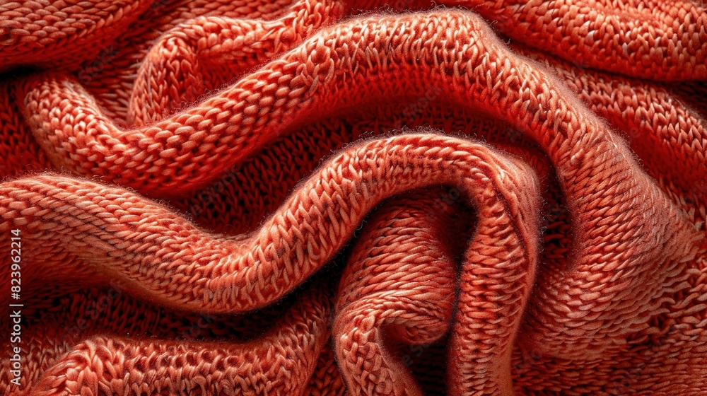 Poster a close-up view of a red knitted blanket featuring circular designs on both ends
