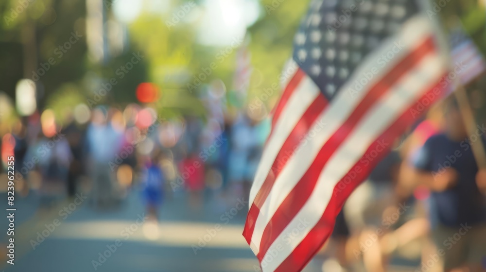 Wall mural american flag leading fourth of july parade community celebration of national pride blurred