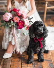 Charming bride with a dog. A girl in a white wedding dress with a bouquet of flowers and her pet.