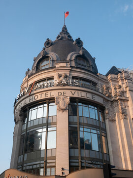 Paris, France - April 26, 2022: the facade of the BHV department store at Paris
