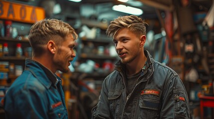 Fototapeta premium Diverse LGBTQ Mechanic Providing Customer Service in a Bustling Auto Repair Shop