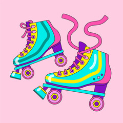 Retro flat quad Roller Skates on pink square background. Hand drawn pop art sports equipment pair in vintage style. Positive isolated illustration of cute old style roller skates for concept or poster