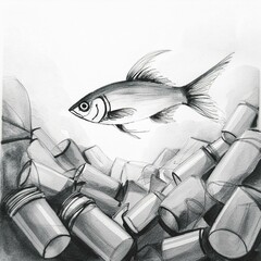 Hand drawing of a fish under water surrounded by floating trash.