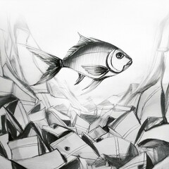 Hand drawing of a fish under water surrounded by floating trash.