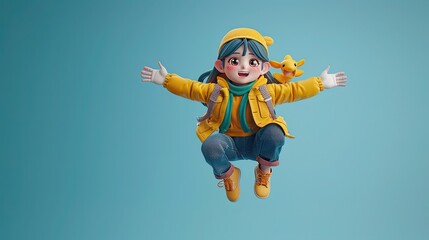 Obraz premium 3D character jumping with enthusiasm to advertise a travel holiday, capturing the essence of leisure and adventure in vacationing.