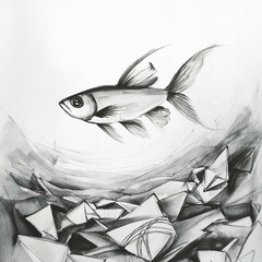 Hand drawing of a fish under water surrounded by floating trash.
