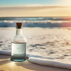 bottle washed ashore, rests in the sand