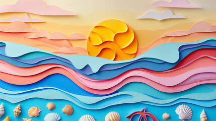 Fototapeta premium The water is blue and the sky is pink and orange