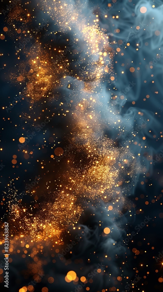 Poster a blue and orange background with many small dots. the dots are scattered all over the background an