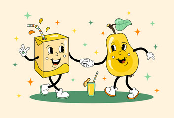 Comic flat Pear and Juice Pack with face on decorated background. Vector cartoon illustration in retro style of fresh fruit and drink. Vintage image of cute characters with smile for poster or banner