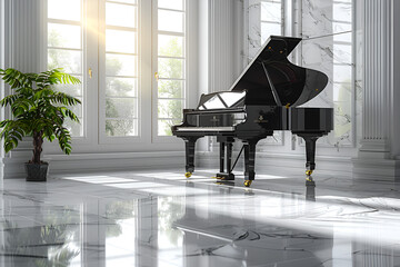 A Black Grand Piano in the Interior of the Room,
Graphic of piano 3d image wallpaper
